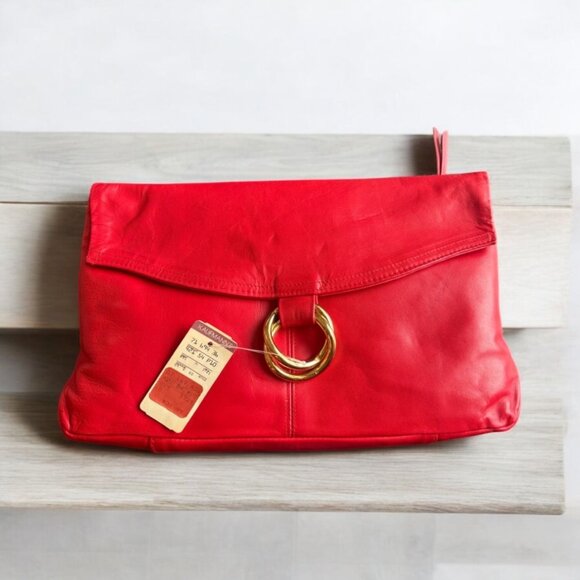 Vintage Amanda Smith Red Leather Crossbody Clutch Purse Gold Hardware - Picture 1 of 10